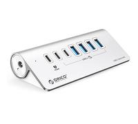 Hub USB, ORICO Hub USB C 3.2 Gen 2 alimenté à 7 ports 10 Gbit/s avec 4 USB C, 2 USB A, PD 60 W, adaptateur d'alimentation 24V/3A, répartiteur USB en aluminium avec 0.5m câble pour Macbook, Macbook Pro