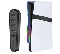 Hub USB pour PS5 Pro/Slim - Adaptateur d'extension 6 en 1 de type C avec lumière RVB, 4 ports de données USB, 1 port de charge, 1 port de type C, compatible avec les accessoires PlayStation 5