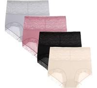 Hueborne Culottes gainantes taille haute for femmes - Entrejambe en coton, ceinture en dentelle anti-pincement et ourlet anti-roulis, lot de 4(#10-4pcs,L)