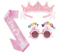 huefeel Décorations d'anniversaire rose - Couronne et écharpe avec lunettes de soleil en forme de fleur - Cadeau d'anniversaire - Accessoires de décoration de fête - Rose - 8ème