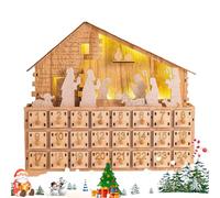 Huehkir Scène De La Nativité Maison Boîte Avent,Décoration De Noël En Bois - Calendrier De L Avent Tiroir Avec Lumière LED - Pour Adultes Maison Bureau Fête Chrétienne
