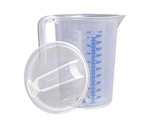 hünersdorff Tasse doseuse en plastique 2L avec couvercle | polypropylène (PP) | incassable et lavable au lave-vaisselle | manche ouvert | échelle bleue