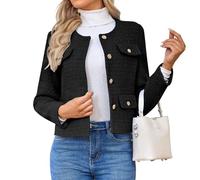 HUEOBIR Blazers en Tweed pour Femme - Manches Longues - Boutonnés - Courts - Décontractés, Noir, XX-Large