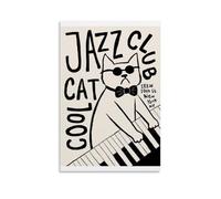 HUERIER Impression sur toile avec chat cool et club de jazz pour chambre à coucher, décoration murale sans cadre, 50 x 75 cm