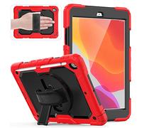 HUEZOE Étui Compatible avec iPad 10,2" modèle 2021/2020/2019, Coque de Protection intégrale Antichoc avec Support Rotatif à 360 degrés, dragonne, bandoulière pour iPad 9/8/7, Rouge