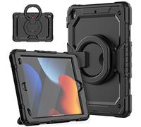 HUEZOE Étui pour iPad 10,2", modèle 2021/2020/2019, résistant aux Chocs, Coque de Protection intégrale avec Support Rotatif à 360 degrés, bandoulière pour iPad 9/8/7, Noir