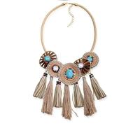 HUFFA Collier Fait Main en Perles de Cristal Turquoise Rondes en Bois de Style National avec chaîne à Pompon en Cuir