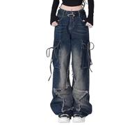 Hugboom Pantalon baggy pour femmes et filles - Jeans mignons Y2k - Pantalon Star - Jambe droite - Vêtements de rue, 1 Bleu, Taille S