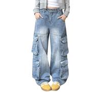 Hugboom Pantalon cargo baggy pour femmes et filles - Jean à jambe large Y2k Hip Hop Streetwear - Taille basse - surdimensionné - Bleu, Bleu 3, Taille XL