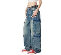 Hugboom Pantalon cargo baggy pour homme et femme - Jean à jambe large Y2k - Pantalon taille haute - Style décontracté - Streetwear - Vêtements grunge - Noir, 3 Bleu, XS