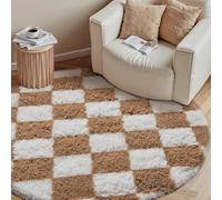 HUGEAR Tapis Shaggy Rond 120cm Damier Tapi Doux Marron Blanc Antidérapant Moderne Descente de lit Chambre Adulte Fille Enfant Salon Cuisine Decoration Chambrel