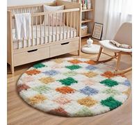 HUGEAR Tapis Shaggy Rond 120cm Damier Tapi Doux Multicolore Blanc Antidérapant Moderne Descente de lit Chambre Adulte Fille Enfant Salon Cuisine Decoration Chambrel