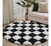 HUGEAR Tapis Shaggy Rond 120cm Damier Tapi Doux Noir Blanc Antidérapant Moderne Descente de lit Chambre Adulte Fille Enfant Salon Cuisine Decoration Chambrel