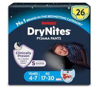 HUGGIES DryNites Pantalon de pyjama pour garçon de 4 à 7 ans (17-30 kg), 26 pantalons d'énurésie nocturne, jusqu'à 100% sans fuites