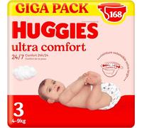HUGGIES Ultra Comfort - Couches bébé Taille 3 (4kg-9kg) - 3 paquets de 56 couches - ceinture ultra douce - absorbtion rapide - sans parfum - chlore et latex - emballage recyclable