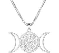 HUGGWRT Collier Triple Lune Pendentif Strophalos Hekate Acier Inoxydable Roue d'Hécate Amulette Wicca Païenne Bijou pour Femme Homme, S2