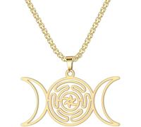 HUGGWRT Collier Triple Lune Pendentif Strophalos Hekate Acier Inoxydable Roue d'Hécate Amulette Wicca Païenne Bijou pour Femme Homme, G2