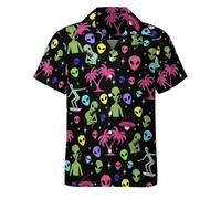 HUGLAZY Chemise hawaïenne à manches courtes boutonnée pour homme, tenue de fête d'été pour homme, Vaisseau spatial Alien, Taille XL