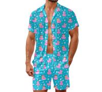 HUGLAZY Tenue 2 pièces pour homme - Chemise hawaïenne à manches courtes et short - Tenue de plage, fête, disco, Canard rose, 3X-Large