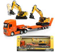 HUGMIE 1:50 Camion Enfant avec Excavatrice, Alliage Transporteur Voiture, Dépanneuse et Pelleteuse - Jouet pour Enfant 8 Ans - Dimensions: 35,5 x 5 x 6,5 cm