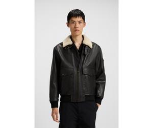 HUGO Blouson aviateur en cuir à col en fourrure synthétique - Style Loran, 50521030 Marron foncé M