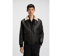HUGO Blouson aviateur en cuir à col en fourrure synthétique - Style Loran, 50521030 Marron foncé XS