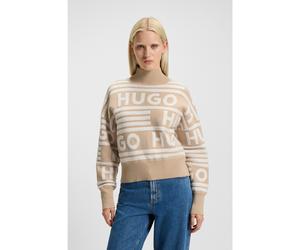 HUGO Pull Oversized Fit à petit col montant et logos jacquard - Style Sismina, 50477117 Beige à motif L