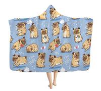 HUGS IDEA Adorable couverture à capuche avec motif de chien carlin et lettre de musique pour enfants, chambre à coucher, salon, fauteuil d'adulte, poncho amusant - M