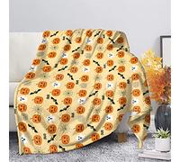 HUGS IDEA Couverture de décoration d'Halloween douce, chaude et confortable pour l'automne et l'hiver - Jaune citrouille, fantôme, chauve-souris, toile d'araignée en flanelle polaire - L