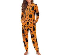 HUGS IDEA Ensemble de pyjama 2 pièces à manches longues avec cordon de serrage à la taille pour femme, Citrouille d'Halloween pour tombe, L