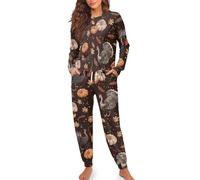 HUGS IDEA Ensemble de pyjama 2 pièces pour femme, vêtements de nuit décontractés à manches longues avec pantalon, Citrouille de dinde, L