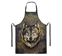 HUGS IDEA Fashion Mandala Wolf Cool Animal Art Tablier de cuisine long pour homme et femme Sangle de cou réglable avec poche, polyester de qualité professionnelle