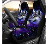 Hugs Idea Housses de siège avant de voiture élastiques avec fond noir Taille universelle pour voitures, berlines, SUV, camionnettes, camions - motif cool de galaxie, nuit étoilée avec loups