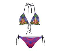 HUGS IDEA Maillot de bain 2 pièces pour femme avec nœud triangulaire, dos nu, rembourré, motif drapeau national, fleur, fruits et coquillages, Drapeau haïtien., XXL