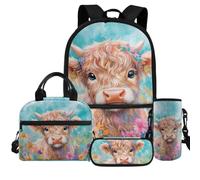 HUGS IDEA Sac à dos pour filles mignon sac à dos et boîte à déjeuner pour enfants sacs d'école pour filles 4-6 6-8 8-10 10-12 ans, Vache Highland, Taille unique, Sacs à dos
