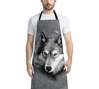 HUGS IDEA Tablier de Cuisine en Polyester à Motif Loup Gris Cool - Tablier de Cuisine en Lin avec Bavette Longue - Réglable avec Poches - Inspiré des Chefs Professionnels pour Hommes et Femmes