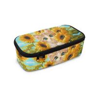 HUGS IDEA Trousse à crayons pour filles de grande capacité avec compartiment en maille pour fournitures scolaires, Chat mignon tournesol, Taille unique, Cartable