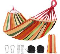 HUHJYUGE Hamac Exterieur, Hamac de Camping, Portable Respirant Double Hamac de Jardin, avec Barre en Bois Anti-basculement et Sac de Transport, Corde et Carabiners (B 260x80cm)