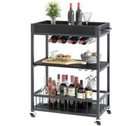 Huhote Chariot de service, chariot de cuisine, chariot de bar avec roulettes, chariot à vin avec porte-bouteilles, 3 étages, pour salon, salle à manger, cuisine, bar, fête, grain de bois noir