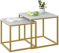 Huhote Lot de 2 tables gigognes avec cadre en métal pour salon, chambre, balcon, bureau, appartement, diamètre 50/45 cm (cadre doré, plateau en marbre blanc)