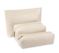 Huhumy Lot de 3 trousses de maquillage pour femme en velours côtelé - Trousse de toilette de voyage esthétique souriante - Jolie trousse à crayons, pinceaux de maquillage - Organiseur de Noël, blanc