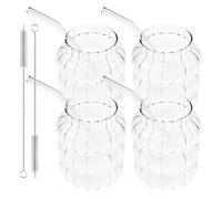 HuhWafee Lot de 4 verres nervurés avec pailles en verre - 650 ml - Verres à café glacé - Verres à eau - Verres à long - Verres à café et matcha - Pour cocktail, eau, soda, cadeau avec pinceau