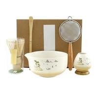 HuhWafee Lot de 5 bols à matcha en céramique avec bec verseur, set à thé traditionnel japonais avec porte-balai, bol, fouet, passoire, cuillère, service à thé artisanal, bol à matcha