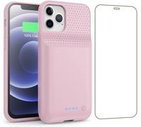 HUI-Coque Batterie Pour iPhone 12/12 Pro,[10800Mah] Batterie Externe Rechargeable,Puissante Chargeur Portable Boitier D'Extension Avec Verre Trempé La Batterie L'Étui Pour iPhone 12/12 Pro-Rose