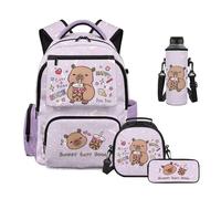 HUIACONG Ensemble sac à dos pour filles avec boîte à déjeuner, trousse à crayons, sac à bouteille d'eau pour élèves du primaire et du collège, Thé au lait Capybara, One Size