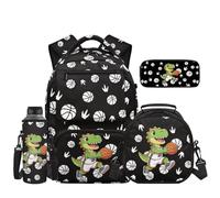 HUIACONG Lot de 4 sacs à dos d'école pour garçons avec boîte à déjeuner, trousse à crayons, sac à bouteille d'eau pour garçons de 8 à 10 ans, Dinosaure Play Soccer, One Size