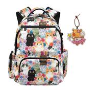 HUIACONG Sac à dos de 43,2 cm avec pendentif en cuir pour enfants, filles, cartable grande capacité pour école primaire, Chaton floral