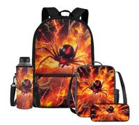 HUIACONG Sac à dos Fire Spider avec boîte à déjeuner pour garçons de 6 à 8 ans, sac d'école primaire, boîte à déjeuner, trousse à crayons, porte-bouteille d'eau