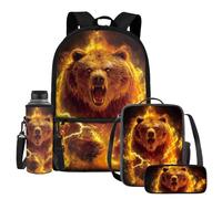 HUIACONG Sac à dos motif ours flammes avec boîte à déjeuner pour garçons de 6-8/8-10 ans pour l'école primaire cool