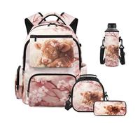 HUIACONG Sac à dos pour enfants 4 pièces avec sac à déjeuner, pochette à crayons et poche pour bouteille d'eau, Vache Highland Cherry Blossom, One Size